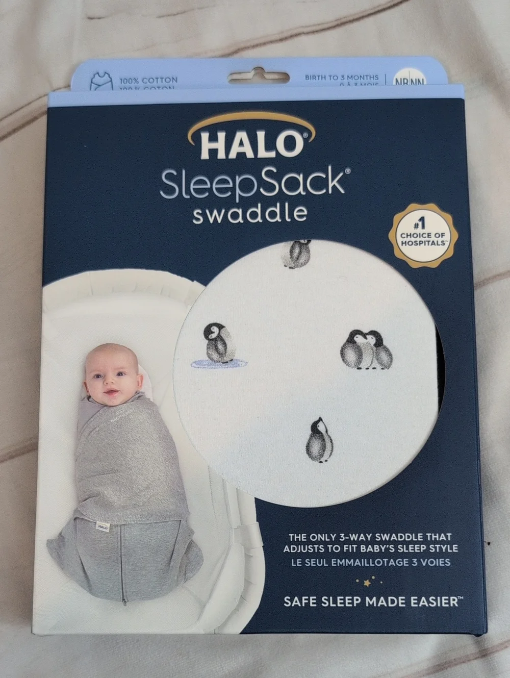 HALO SleepSack Swaddle Penguins Newborn 0-3 Months 1.5 TOG Cotton NIB